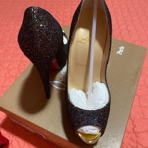Christian Louboutin Lady Peep 150 Glitter Resille/Specc.  Size 37